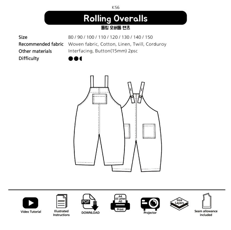 Kids Overalls Sewing Pattern PDF, Dungarees Pattern, 1Y–12Y, Digital ...