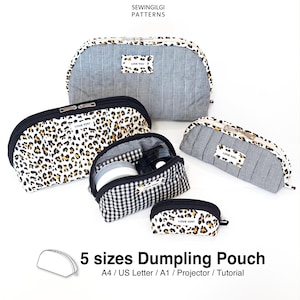 May include: Five dumpling pouches in various sizes and patterns, including grey pinstripe, leopard print, and black and white gingham. Each pouch features a zipper closure and a small label reading LOVE YOU. Text reads SEWINGILGI PATTERNS.