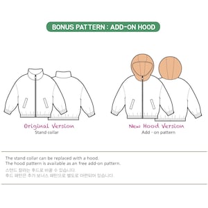 May include: A technical drawing showing a jacket with a stand collar labelled Original Version and a jacket with an added hood labelled New Hood Version. Text includes BONUS PATTERN: ADD-ON HOOD, Original Version, Stand collar, New Hood Version, and Add-on pattern.