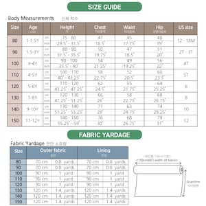 May include: A size guide chart for children's clothing featuring body measurements for height, chest, waist, and hip in centimetres and inches, alongside a fabric yardage table for outer fabric and lining with a diagram of fabric width.
