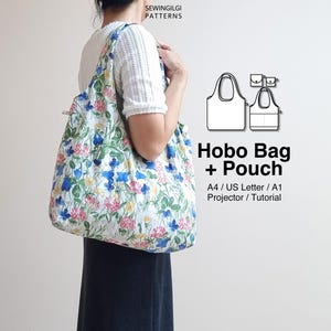 May include: A hobo bag featuring a white fabric base with a colourful floral print of red, blue, and yellow wildflowers. The text SEWINGILGI PATTERNS, Hobo Bag + Pouch, and A4 / US Letter / A1 Projector / Tutorial is visible on the right side of the image.