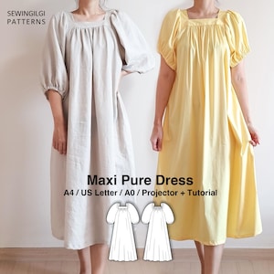 Square Neck Maxi Dress Sewing Pattern, Voluminous Silhouette, 3 Sleeve Options (Digital Download)