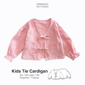 May include: A pink Kids Tie Cardigan pattern with long sleeves, a V-neck, and bow tie closures. The pattern includes A4/US Letter/A0 formats and a projector/tutorial. The text "SEWINGILGI PATTERNS" is at the top.