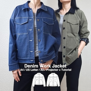 May include: Two denim work jackets are displayed. One is a classic blue denim with white stitching and button closures. The other is olive green with black buttons and a black collar. The image includes the text "Denim Work Jacket".