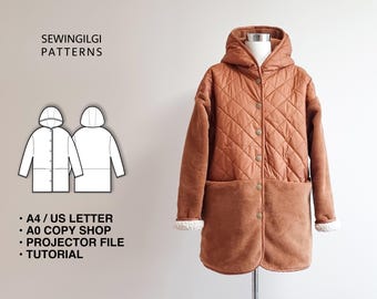 Chaqueta unisex con capucha y bolsillo oculto, patrón de costura en PDF, 10 tallas, descarga digital, chaqueta de invierno