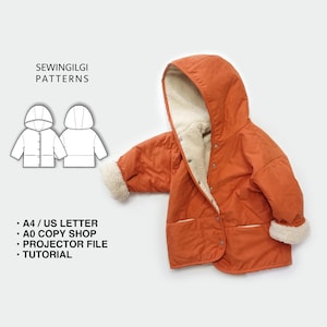 Chaqueta con capucha y bolsillo oculto para niños, patrón de costura en PDF (1-12 años), descarga digital, chaqueta de invierno