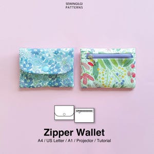 May include: Two small fabric wallets with the text SEWINGILGI PATTERNS and Zipper Wallet A4 / US Letter / A1 / Projector / Tutorial. One wallet features a blue floral pattern with a snap button, while the other has a green botanical print with a purple zipper.