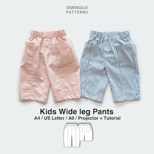 Könnte beinhalten: Zwei Hosen für Kinder mit weitem Bein in rosa und blau gestreift. Die rosa Hose hat vertikale Streifen, während die blaue Hose horizontale Streifen hat. Der Text "Kids Wide leg Pants" wird darunter angezeigt, zusammen mit "A4 / US Letter / A0 / Projector + Tutorial".