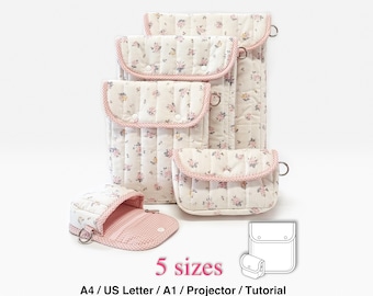 May include: Five quilted fabric pouches in different sizes, with a floral pattern on a cream background and pink trim. The image includes the text "SEWINGILGI PATTERNS" and "5 sizes". Sizes include A4, US Letter, A1, Projector, and Tutorial.