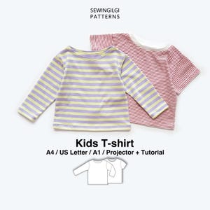 Könnte beinhalten: Zwei Kinder-T-Shirts. Eines hat lange Ärmel mit horizontalen Lavendel- und gelben Streifen. Das andere hat kurze Ärmel mit rot-weißen Streifen. Der Text "SEWINGILGI PATTERNS" steht oben. Darunter steht der Text "Kids T-shirt" und "A4/US Letter / A1 / Projector + Tutorial".