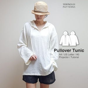 Hooded Pullover Tunic Sewing Pattern, Beach Swim Cover Up, Camping outfit, Digital Download