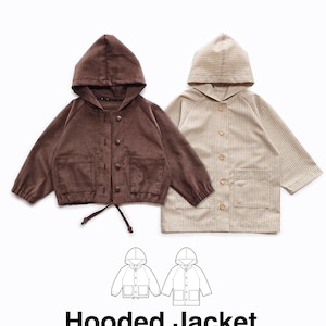 May include: Two hooded jackets from SEWINGILGI PATTERNS. One is solid brown with a drawstring hem and front pockets. The other is beige with thin vertical stripes and front pockets. Both feature buttons and long sleeves. Text reads Hooded Jacket.