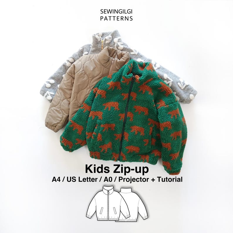 May include: Three zip-up jackets in grey, tan, and green with bear patterns. Text reads SEWINGILGI PATTERNS, Kids Zip-up, A4 / US Letter / A0 / Projector + Tutorial. Includes a black and white line drawing of the jacket front and back.