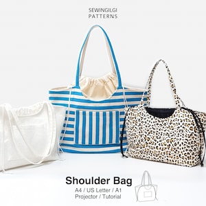 May include: Three shoulder bags with drawstring closures and exterior pockets. One bag is solid white, one features blue and white horizontal stripes, and one has a leopard print pattern. Text reads SEWINGILGI PATTERNS, Shoulder Bag, A4 / US Letter / A1.