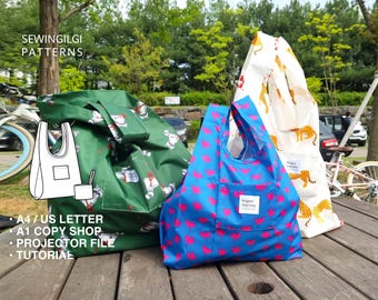 Grocery Eco Bag Pattern, Foldable, Digital Download, 4 sizes, 2 types