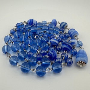 Blue Bead Necklace, Rosary Inspired Link Design, Unique Beaded Jewelry