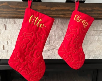 Dog Bone Quilted Red Large Christmas Stocking * Customized Christmas Decor * Gift for Dog and Dog Lovers