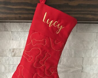 Dog Bone Quilted Red Slim Christmas Stocking * Customized Christmas Decor * Gift for Dog and Dog Lovers