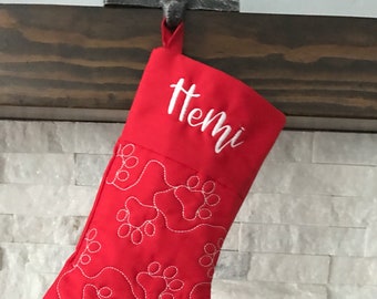 Pet Paw Quilted Red Slim Christmas Stocking * Customized Christmas Decor * Gift for Pet and Pet Lovers