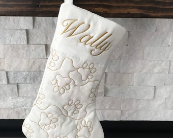 Pet Paw Quilted White Slim Christmas Stocking * Customized Christmas Decor * Gift for Pet and Pet Lovers