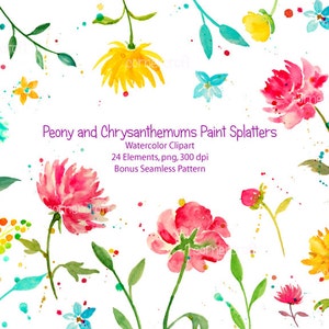 Clipart dell&#39;acquerello disegnato a mano - astratto Peony & crisantemo con schizzi di vernice per il download immediato