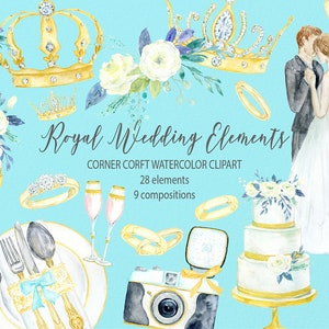 Royal wedding elements, watercolor clipart, royal wedding icons, crown, diamond ring, cake,  for wedding program, instant download