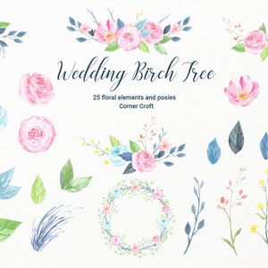 Wedding Birch Tree Watercolor Clipart large guest signing tree, bare birch tree branch, birch logs and flowers for instant download image 3