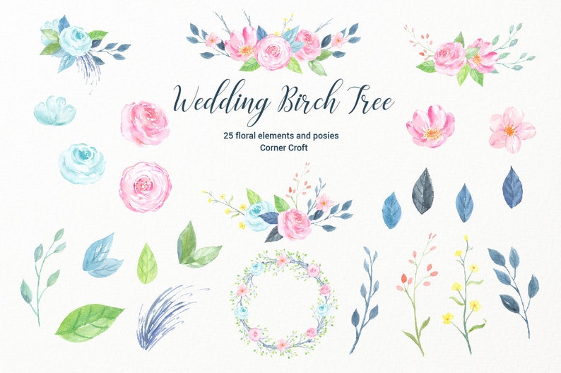 Wedding Birch Tree Watercolor Clipart large guest signing tree, bare birch tree branch, birch logs and flowers for instant download image 3