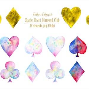 Watercolor abstract poker spade, heart, diamond and club printable instant download