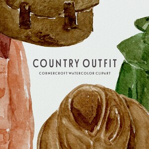 May include: Watercolor illustration of a country outfit, including a brown jacket, a green jacket, a brown hat, and a brown backpack. The text "COUNTRY OUTFIT" and "CORNERCROFT WATERCOLOR CLIPART" is included in the image.