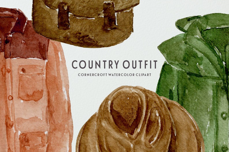 May include: Watercolor illustration of a country outfit, including a brown jacket, a green jacket, a brown hat, and a brown backpack. The text "COUNTRY OUTFIT" and "CORNERCROFT WATERCOLOR CLIPART" is included in the image.