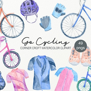 Aquarel clipart gaan fietsen, Fietsen, helmen, handschoenen, Fietsen outfit en schoenen voor Instant Download