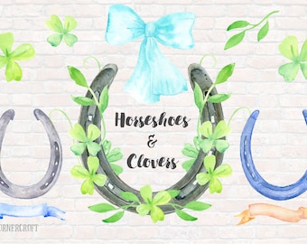 Watercolor Horseshoe Clover Clipart, St Patricks Day Graphics (Digital Download)