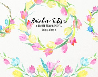 Rainbow tulip floral arrangements, tulip posies and tulip wreaths, watercolor pastel color tulips, spring flower, for instant download