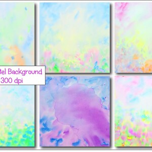 May include: Six digital watercolor backgrounds in pastel colors. The backgrounds are a mix of light blue, pink, yellow, and green. The text "Spring Pastel Background 12"x12" jpg 300 dpi" is in the center of the image.