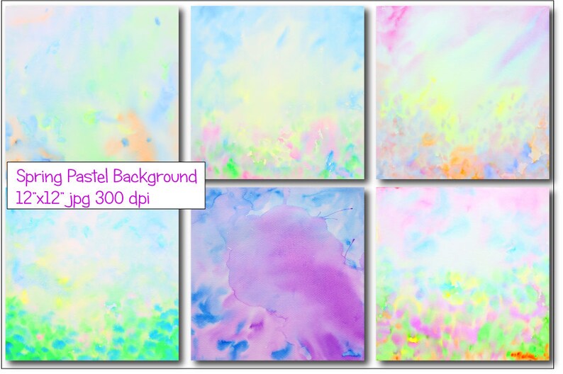 May include: Six digital watercolor backgrounds in pastel colors. The backgrounds are a mix of light blue, pink, yellow, and green. The text "Spring Pastel Background 12"x12" jpg 300 dpi" is in the center of the image.