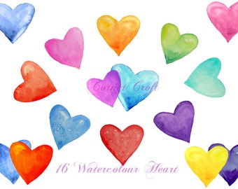 Watercolour hearts digital clip art red pink blue purple printable instant download scrapbook watercolor