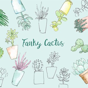 May include: A whimsical illustration of various cacti and succulents in pots, with the text "Funky Cactus" in green lettering.
