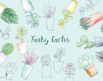 Watercolor clipart  Funky Cactus - Hand painted watercolor succulent plants and cactus in contemporary pots, vector illustration, jpg, png