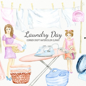 Watercolor laundry day graphics for instant download