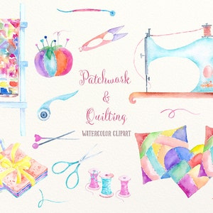 Puede incluir: Conjunto de clipart de acuarela de patchwork y acolchado, que incluye una máquina de coser, recortes de tela, tijeras, carretes de hilo y un alfiletero. El conjunto incluye 23 archivos PNG.