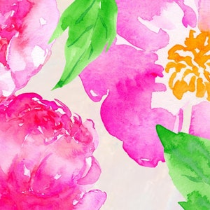 May include: Watercolor painting of pink peonies with green leaves on a white background.