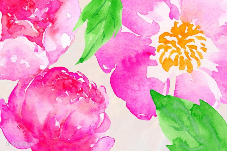 May include: Watercolor painting of pink peonies with green leaves on a white background.