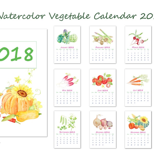 2018 Kalender bedruckbar - Aquarell Gemüse Monatskalender - 8 "x 11,5" digitale sofortigen Download Scrapbook Küchenkalender