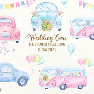 Wedding Car Clip art, watercolor wedding cars, campervan and bus, balloons, buntings for instant download, pastel color wedding clipart