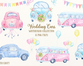 Wedding Car Clip art, watercolor wedding cars, campervan and bus, balloons, buntings for instant download, pastel color wedding clipart