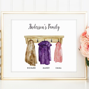 May include: A watercolor illustration of a wooden coat rack with three coats hanging on it. The coats are brown, purple, and pink. The text "Anderson's Family" is at the top of the image. The names "Richard", "Mandy", and "Emma" are written below the coats.
