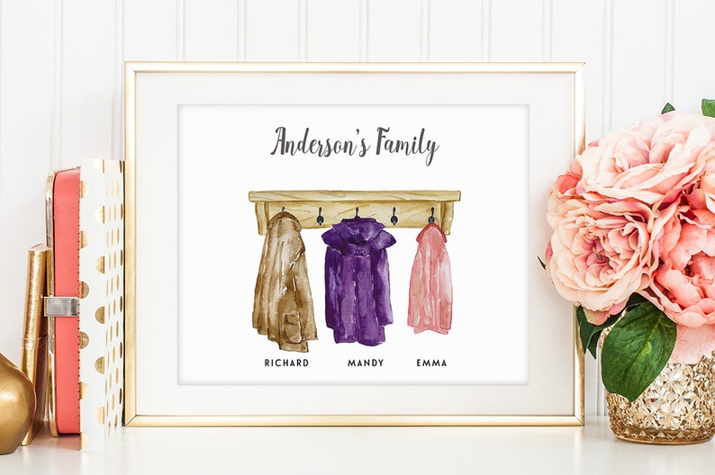 May include: A watercolor illustration of a wooden coat rack with three coats hanging on it. The coats are brown, purple, and pink. The text "Anderson's Family" is at the top of the image. The names "Richard", "Mandy", and "Emma" are written below the coats.