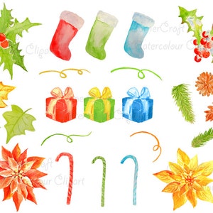 Puede incluir: Ilustraciones de acuarela de elementos navide&ntilde;os y de vacaciones de invierno, incluyendo acebo, poinsettias, bastones de caramelo, regalos y ramas de pino.
