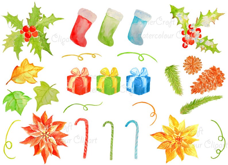 Puede incluir: Ilustraciones de acuarela de elementos navide&ntilde;os y de vacaciones de invierno, incluyendo acebo, poinsettias, bastones de caramelo, regalos y ramas de pino.